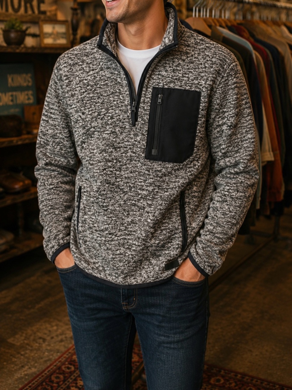 Abercrombie & Fitch Gray Heather Quarter-Zip Sweater with Black Chest Pocket